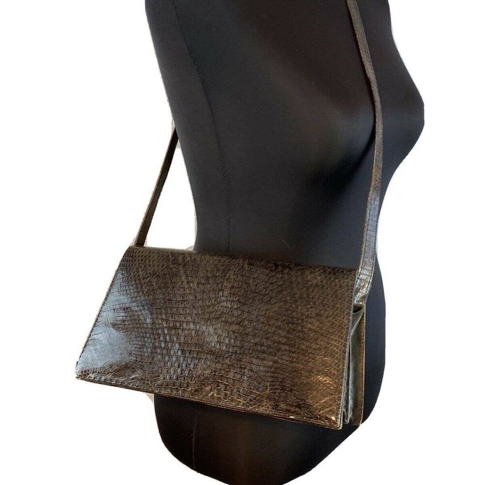 Vintage Womens Crossbody Snap Flap Purse Chocolate Brown Lizard Leather